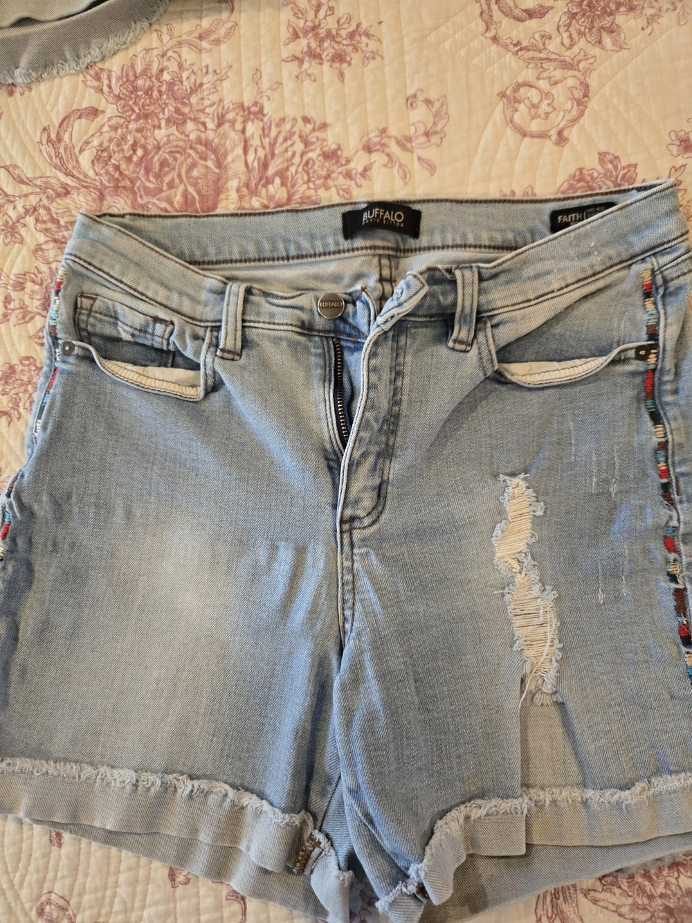 Buffalo David Bitton Light Blue Distressed Denim Shorts with Colorful Side Trim